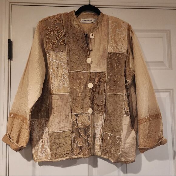 Think Positve vintage tan sequin design button up jacket L - Picture 1 of 4